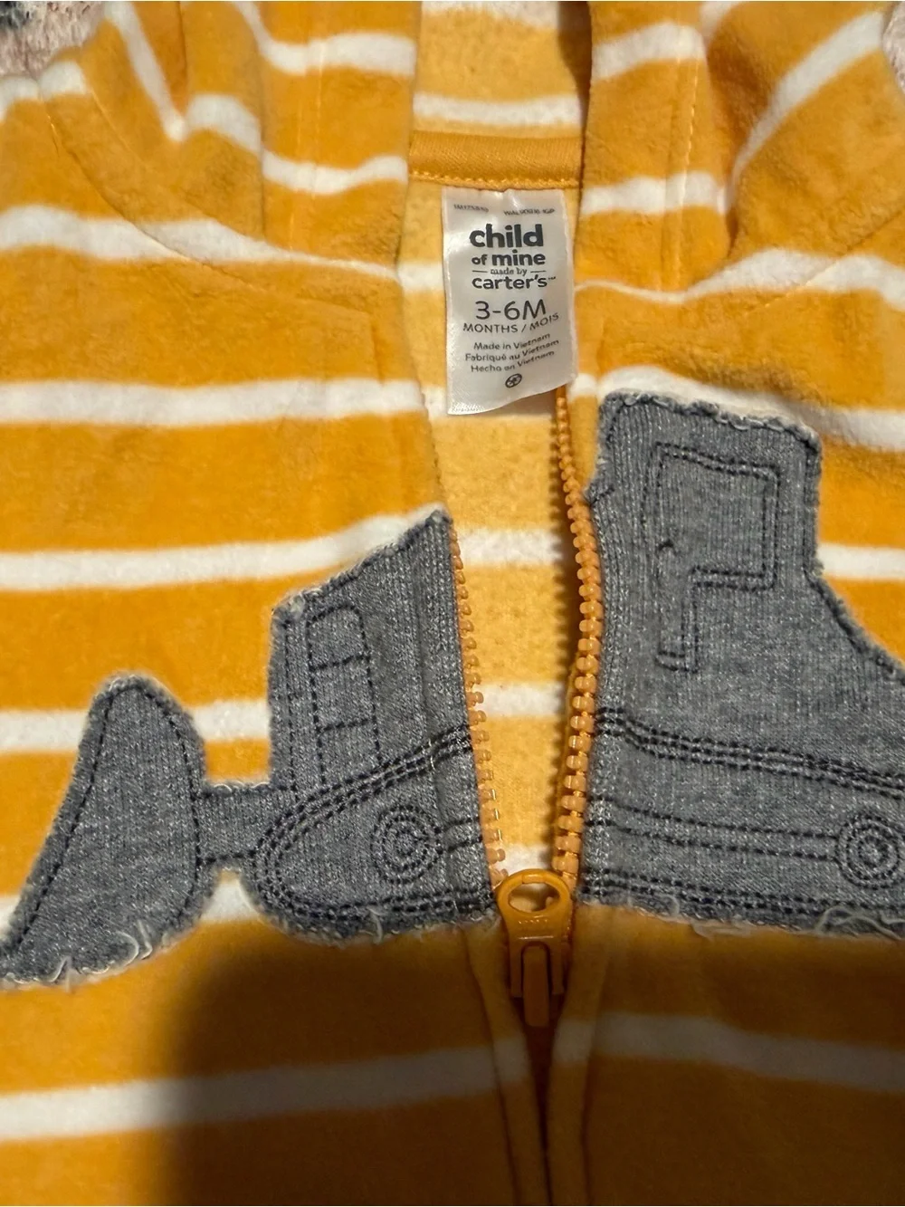 Carter's Yellow & White Striped Hooded Zip Romper with Gray Excavator Patch